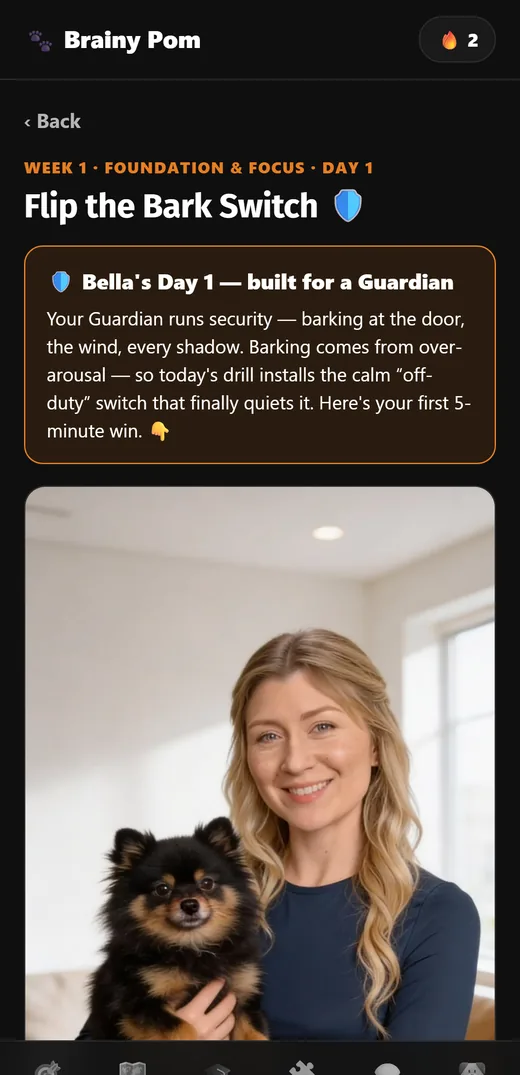 The Brainy Pom app on a phone, open on the Day 1 lesson