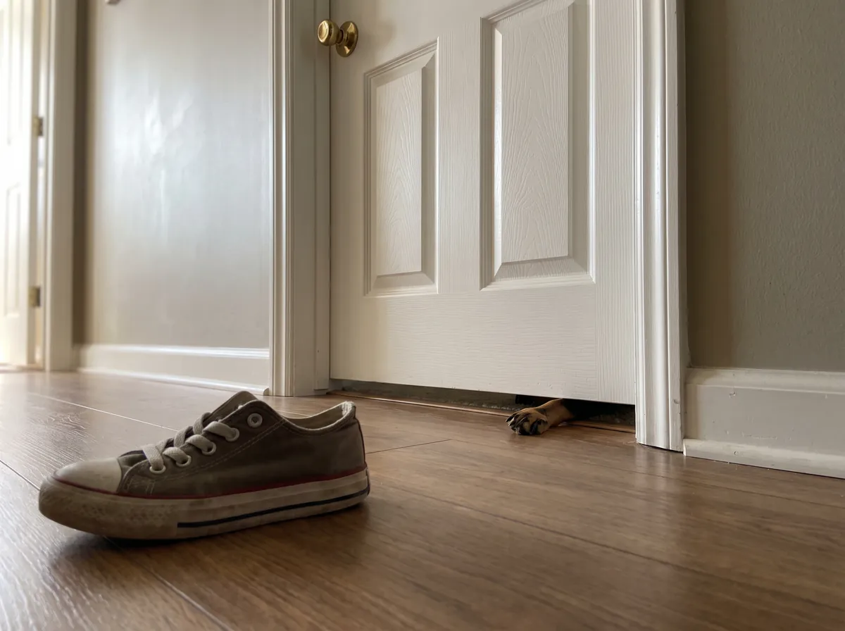 A closed bedroom door with a small dog's paw in the gap underneath