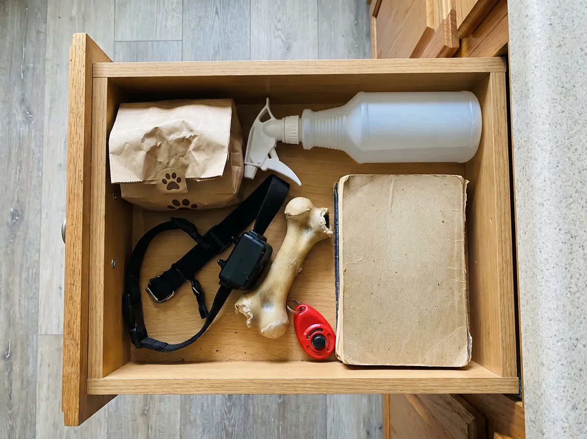A kitchen drawer full of dog treats, a spray bottle, a collar, a toy, a clicker and a training book