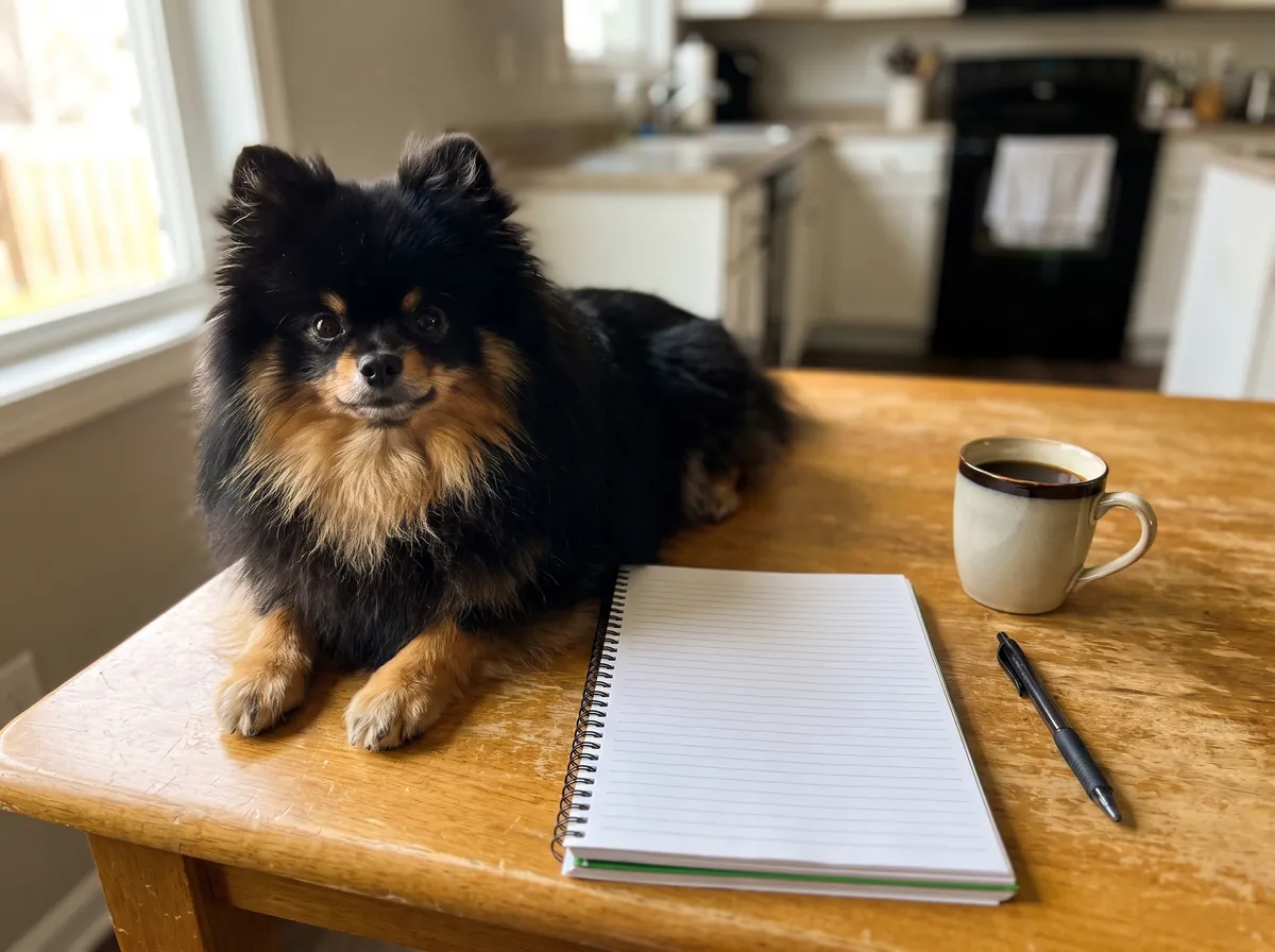 A Pomeranian lying calmly beside an open notebook on a kitchen table