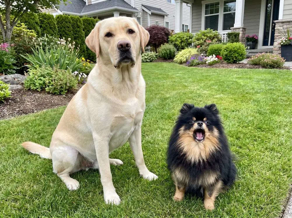 A girl with a big yellow Labrador, and the same woman today with her Pomeranian