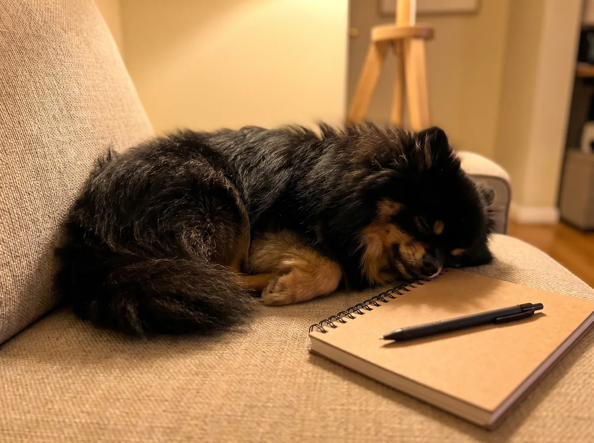 A Pomeranian asleep on a sofa cushion next to the open notebook