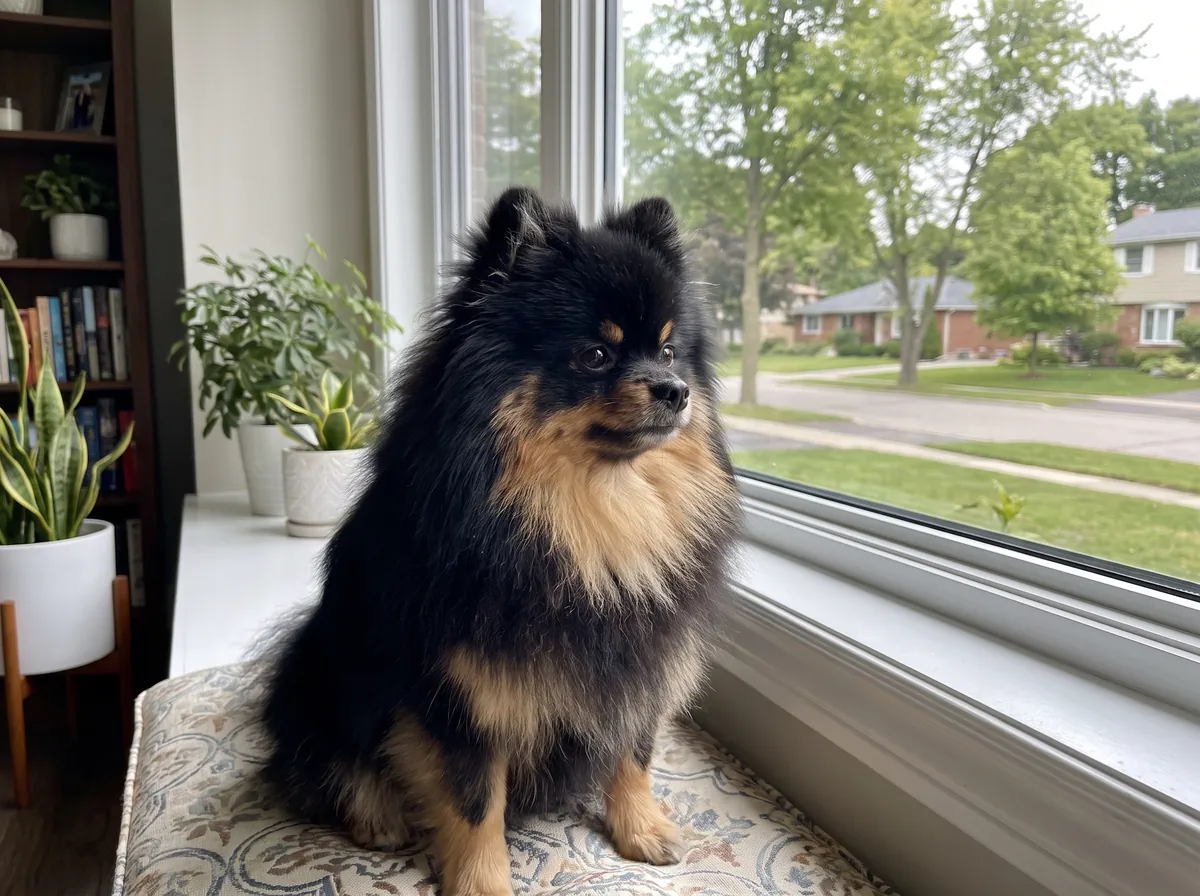 A woman's open hand beside a Pomeranian at the front window