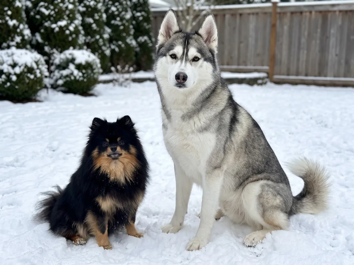 A Pomeranian and a Siberian Husky side by side in the snow