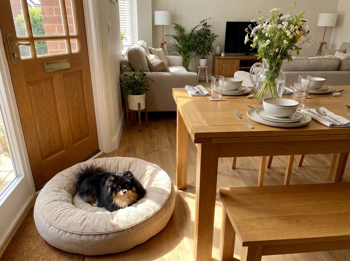 A calm living room on a Sunday afternoon, a Pomeranian resting on her bed near the door